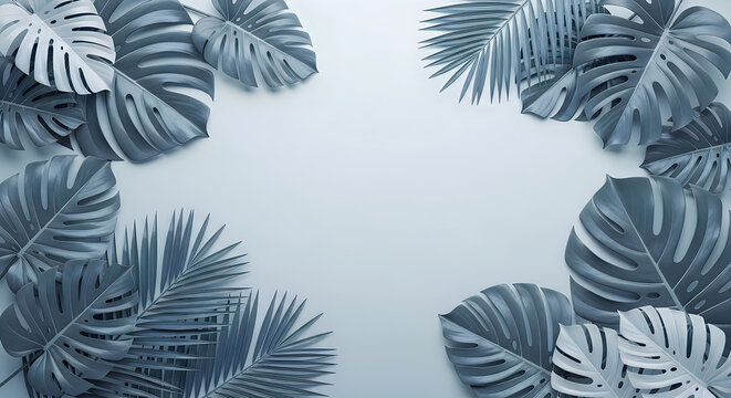 Top view of tropical monstera leaves arranged on a light blue background creating a natural frame with copy space