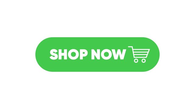 Green Shop Now call to action button animation pack with shopping cart icon, e-commerce promotion compilation on white and black background