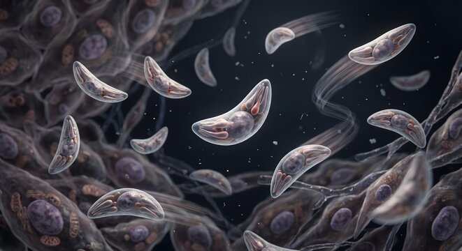 Multiple free tachyzoites drifting through interstitial fluid between tissue cells, motion-blur trails suggesting active gliding movement. Scientific microbiology concept for medical and research desi