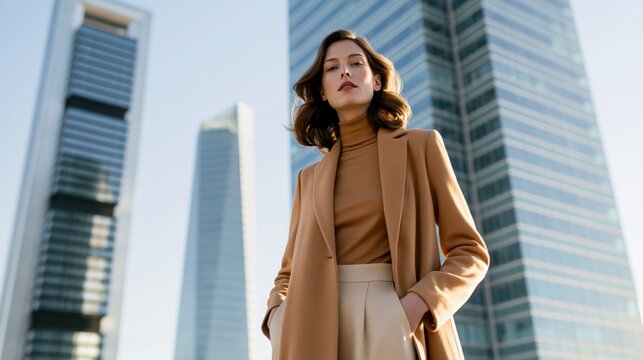 Una mujer posa para una colecci&oacute;n de ropa de oto&ntilde;o con un traje de color marr&oacute;n