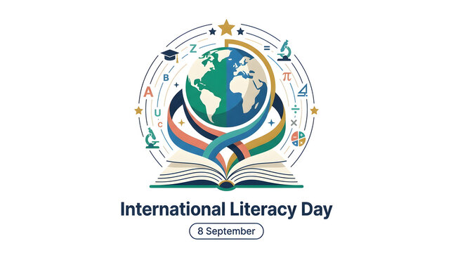 International literacy day artistic globe opening as a book with educational icons for september event