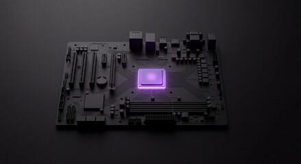 Fototapeta premium Central Processor Glowing Purple on Computer Motherboard