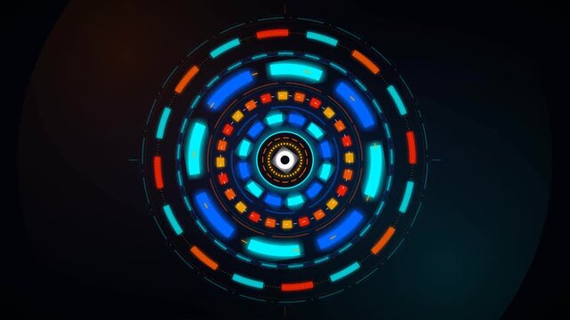 Glowing futuristic cybernetic reactor dial with rotating concentric rings in blue and orange for a high tech sci-fi user interface experience