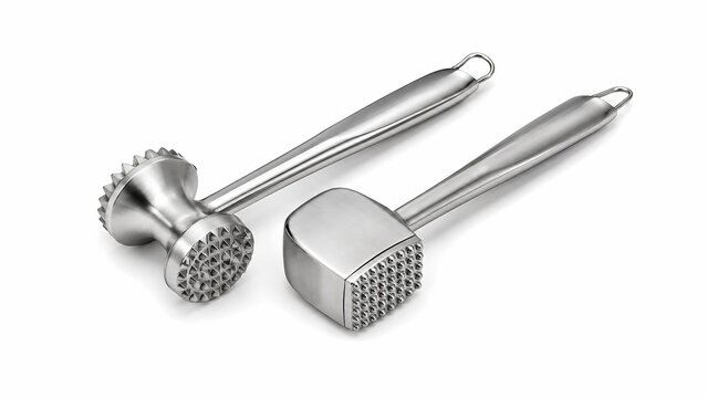 Two professional stainless steel meat tenderizer mallets isolated on white background