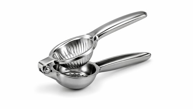 Stainless steel manual lemon squeezer citrus press isolated on white background
