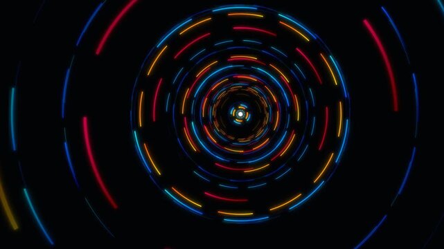Futuristic quantum core with glowing orbital rings rotating in deep space abstract background featuring neon orange and blue light motion