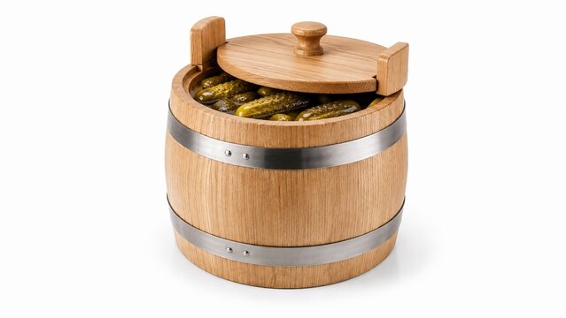 Rustic wooden barrel filled with pickled cucumbers and gherkins isolated on white background