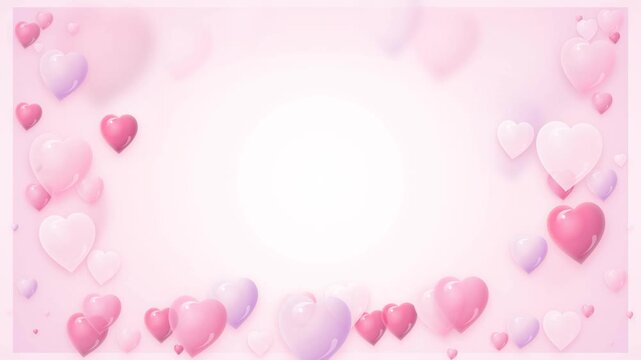 Romantic pink and purple glossy hearts floating as a border around a bright white light in a seamless loop animation
