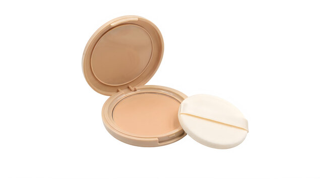 Beige face powder compact with mirror and sponge. Cosmetic makeup foundation case, professional beauty product for skin tone correction. isolated PNG with Transparent Background