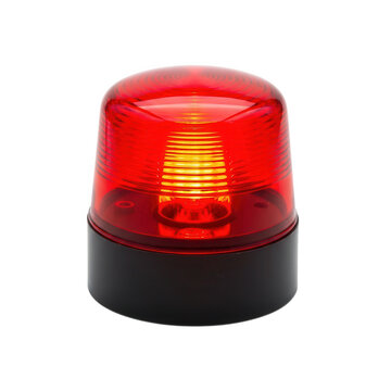 Red emergency beacon light, glowing warning siren lamp, industrial safety signal on white background, security alert flasher