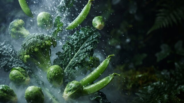 Fresh green broccoli and pea pods floating in water with bubbles and dark moody lighting