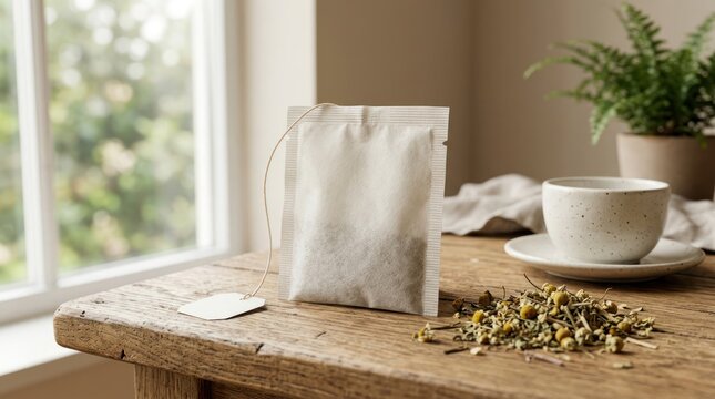 Herbal tea preparation with dry chamomile and brewing cup on wooden table