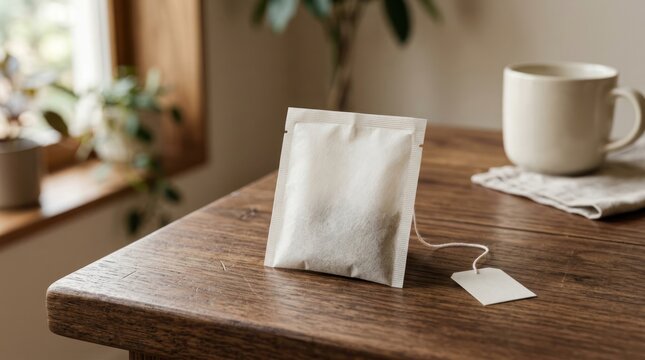 Single tea bag and mug on wooden table with soft natural light