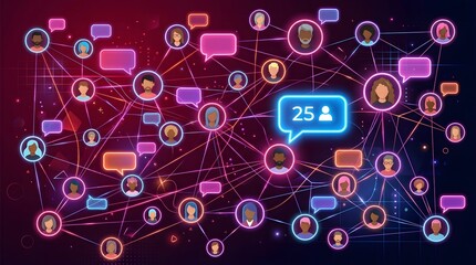 Fototapeta premium Social network connectivity illustration 25 people connected through digital communication