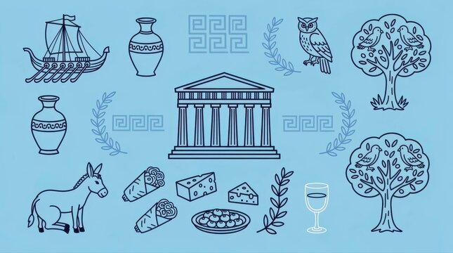 Greek cultural and historical icons in line art style. Features Parthenon, Athena's owl, trireme, and Mediterranean food. Heritage tourism concept, ideal for educational and travel designs.