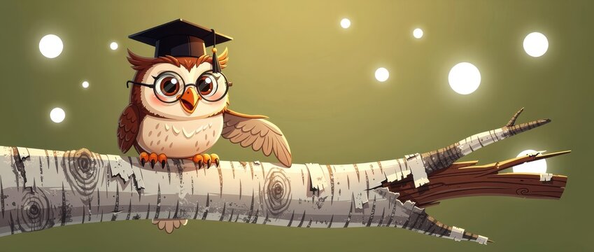 Wise cartoon owl wearing graduation cap and glasses sitting on a branch. Cute bird mascot gesturing against bokeh lights. Education success concept, ideal for school marketing and graduation.