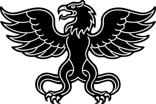 Black and white griffin illustration with wings spread