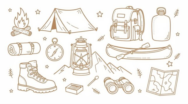 Hand-drawn camping equipment icons set featuring outdoor gear on white background. Illustration includes tent, backpack, campfire, and hiking boots in doodle style. Outdoor adventure concept.