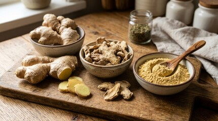 Fototapeta premium Assortment of healthy spices and grains arranged on wooden cutting board.