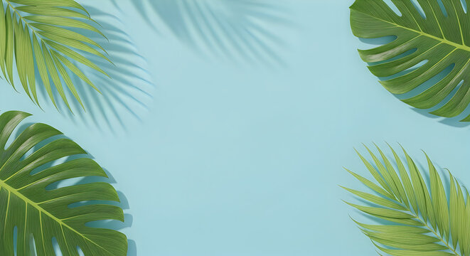 A top view of various green tropical palm leaves arranged on a soft light blue background with empty copy space
