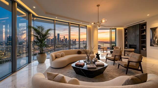 Luxury penthouse living room with panoramic city view at sunset
