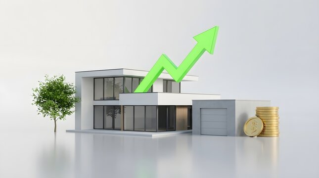 House with rising arrow and gold coins representing real estate investment growth