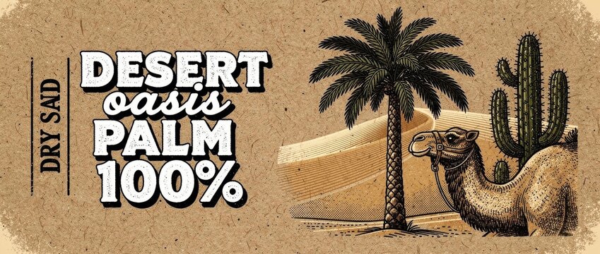 Vintage engraved camel illustration by palm tree and cactus in desert. Retro woodcut style on kraft paper with decorative typography. Adventure travel concept for posters and brand identity.