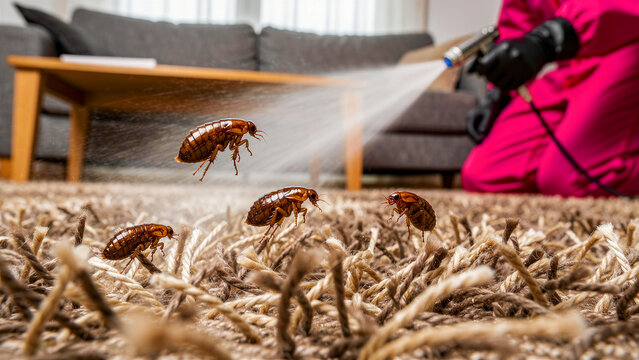 Pest control professional spraying bedbugs on a living room carpet. Worker in protective gear uses chemical treatment for home infestation. Extermination service concept for hygiene marketing.