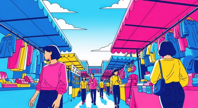 People walking through a vibrant outdoor street market with colorful stalls. Shoppers browse clothing vendors under bright awnings. Retail commerce concept for urban lifestyle and marketing.