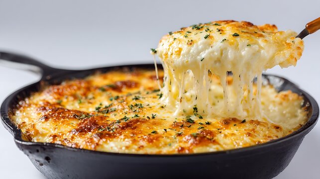 Baked Mac and Cheese with Melted Cheese Pull in Skillet, Comfort Food Close-Up