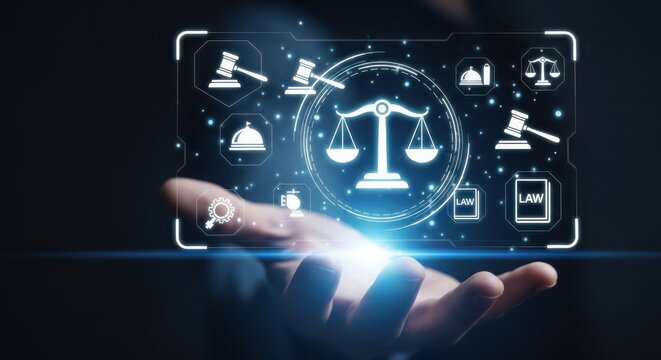 Legal justice scale icon displayed on virtual screen over hands up.