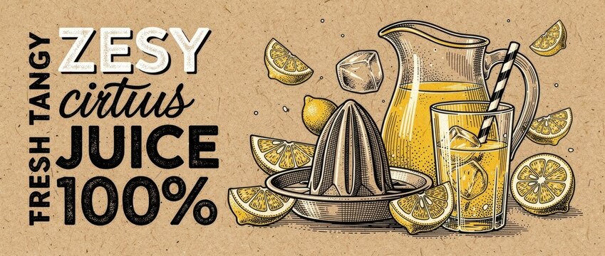 Vintage hand-drawn lemon juice illustration with pitcher and glass. Retro engraving style includes citrus slices and manual squeezer. Organic healthy drink concept for cafe menu and branding.