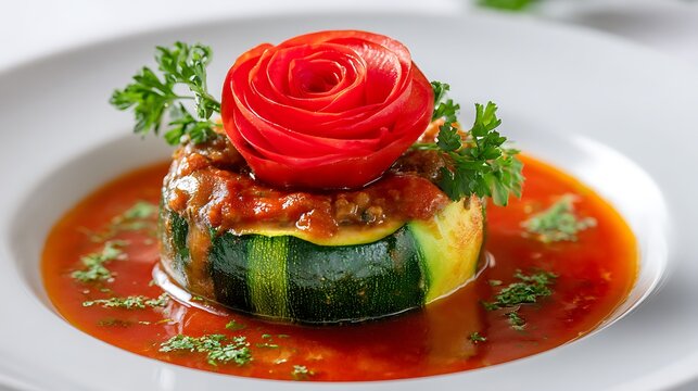 Stuffed Zucchini with Tomato Rose and Parsley on Plate, Gourmet Vegetable Dish Close-Up