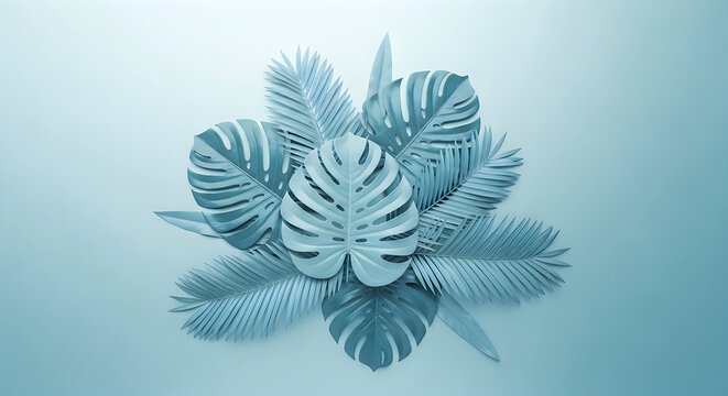 A beautiful arrangement of various tropical monstera leaves displayed against a soft light blue background for a minimalist aesthetic