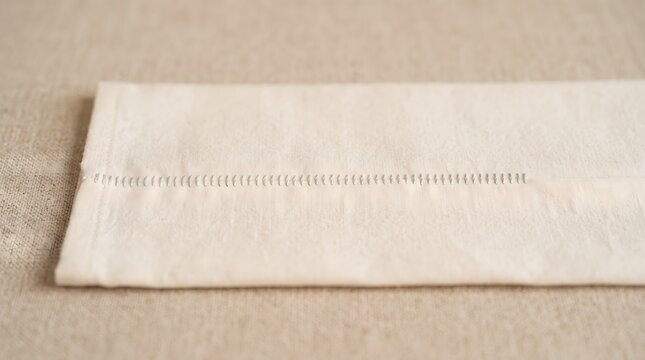 Soft fabric with careful silver thread seam repair on linen surface, postpartum healing and maternal recovery concept art horizontal with copy space