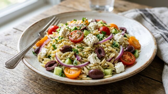 Fresh and vibrant orzo pasta salad with feta, tomatoes, cucumbers, and olives, perfect for a healthy meal.