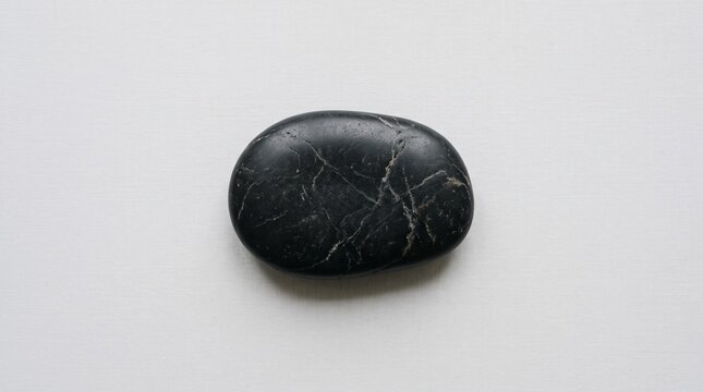 Smooth black pebble with white veins, polished zen stone on white background, minimalist basalt rock for spa and wellness