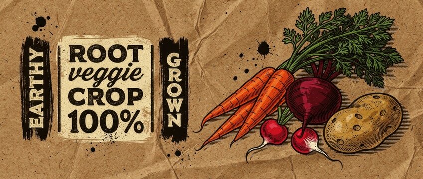 Vintage illustration of root vegetables on crumpled paper. Hand-drawn rustic style with earthy tones and typography. Organic farming concept, ideal for market labels and packaging design.