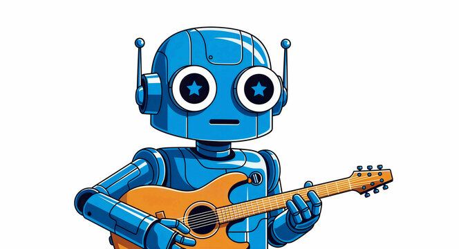 Blue cartoon robot playing acoustic guitar. Friendly android character with star eyes holding instrument. AI music concept for tech marketing and creative education.
