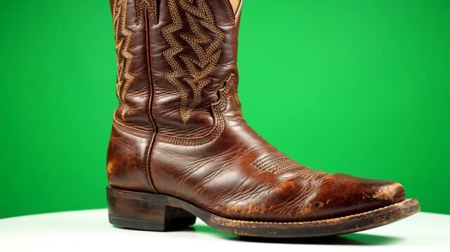 Close up of a brown leather cowboy boot showing wear and tear on a white surface with a green background