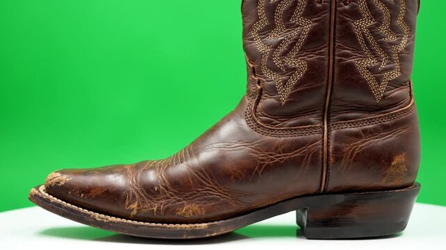 Close-up of a weathered brown leather cowboy boot on a white surface against a vibrant green background.