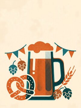Bavarian beer mug and pretzel illustration with hops and wheat in a stylized retro poster design.