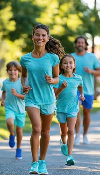 Family running together in summer activewear on park path