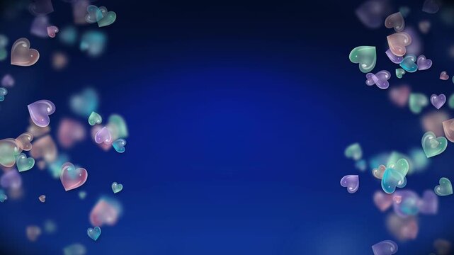 Elegant glass hearts floating across a dark blue gradient background in a seamless loop for wedding and valentine events