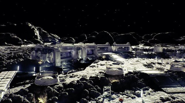 lunar solar array panels reflecting starlight, robotic installers aligning panel rows, conduit runs across pitted regolith, quiet testing scene focused