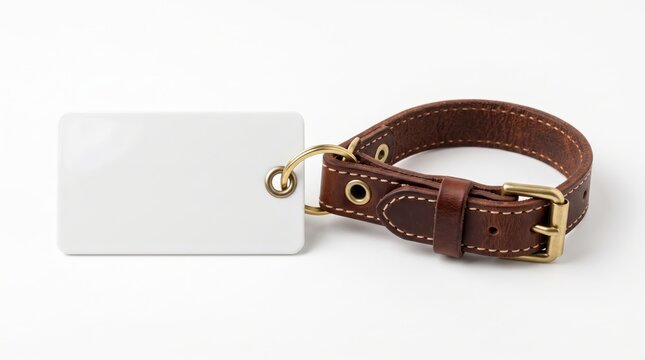 Brown Leather Luggage Tag with Blank White Insert for Personalized Travel Identification and Baggage Security Labeling on White Background