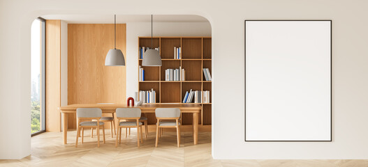 Contemporary dining room interior mockup with blank framed poster on wall, wooden table, chairs, shelving, and warm natural light. 3D Rendering © ImageFlow