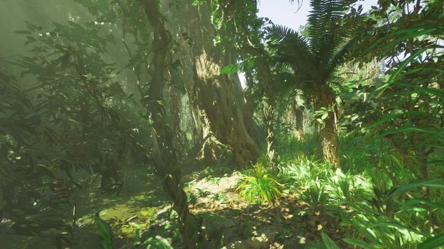 Sunlit fern understory with towering trees and dappled light, humid green canopy, mossy trunks and lush groundcover, immersive tropical forest mood for nature