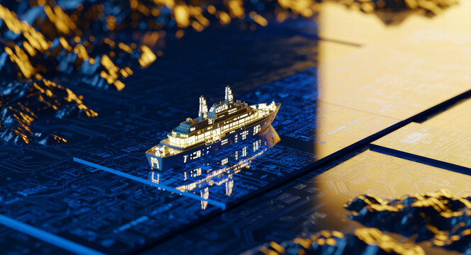 Futuristic ship model navigating a digital circuit board landscape. 3D render illustrating smart shipping and logistics on a high-tech motherboard. Digital twin and maritime automation concept.