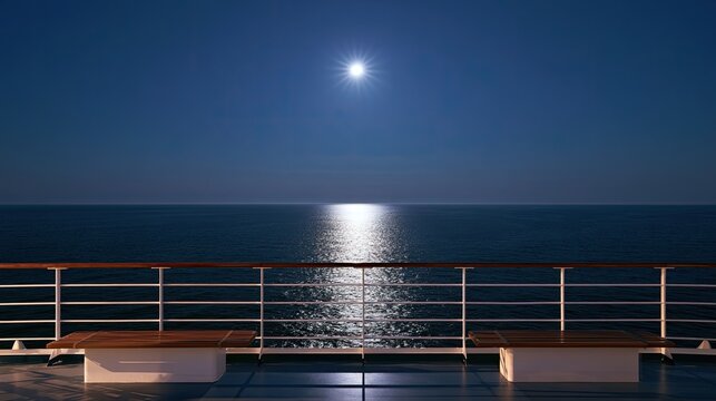 Moonlit ocean expanse from a ship deck with benches, calm sea, moonlight